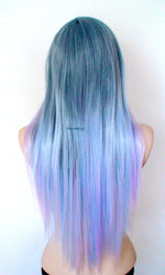 Load image into Gallery viewer, 28&quot; Long Pastel Blue Pink Ombre Straight Hair Long Side Bangs Wig
