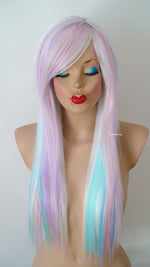 Load image into Gallery viewer, 28&quot; Pastel rainbow ombre wig. Snow white wig. Pastel pink, Lilac, Lavender, Aqua and sky blue wig. Custom wig. Cosplay wig.
