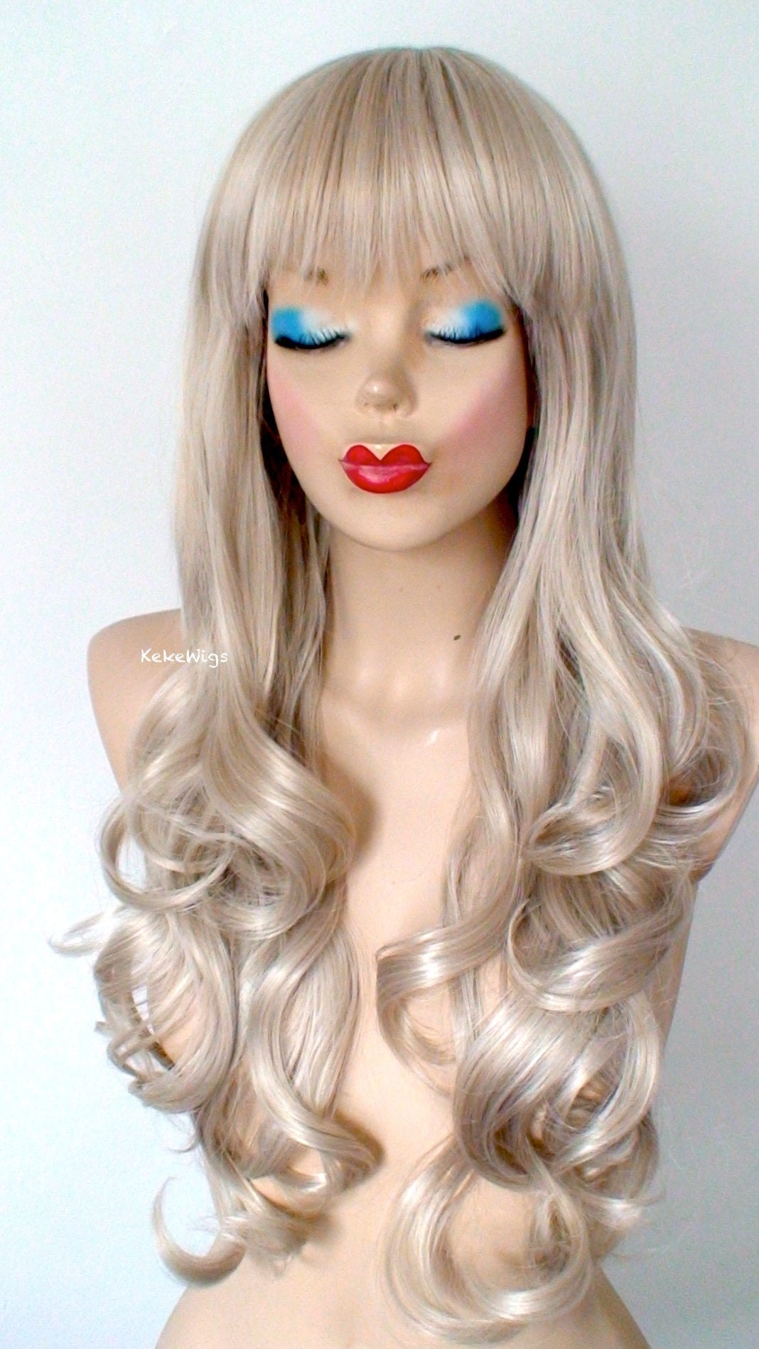 26" Ash Blonde Long Curly Hair with Bangs Wig