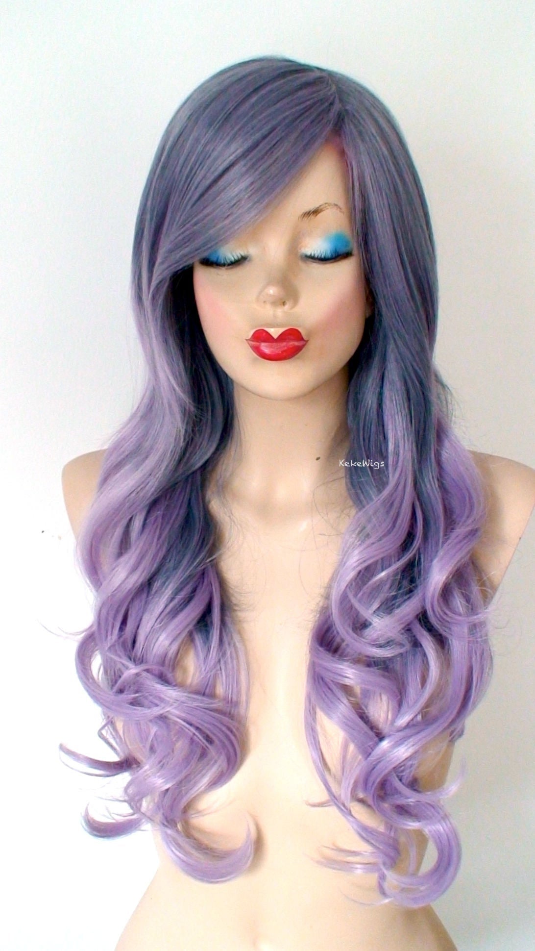 26" Pastel Blue Lavender Ombre Long Curly Hair Long Side Bangs Wig