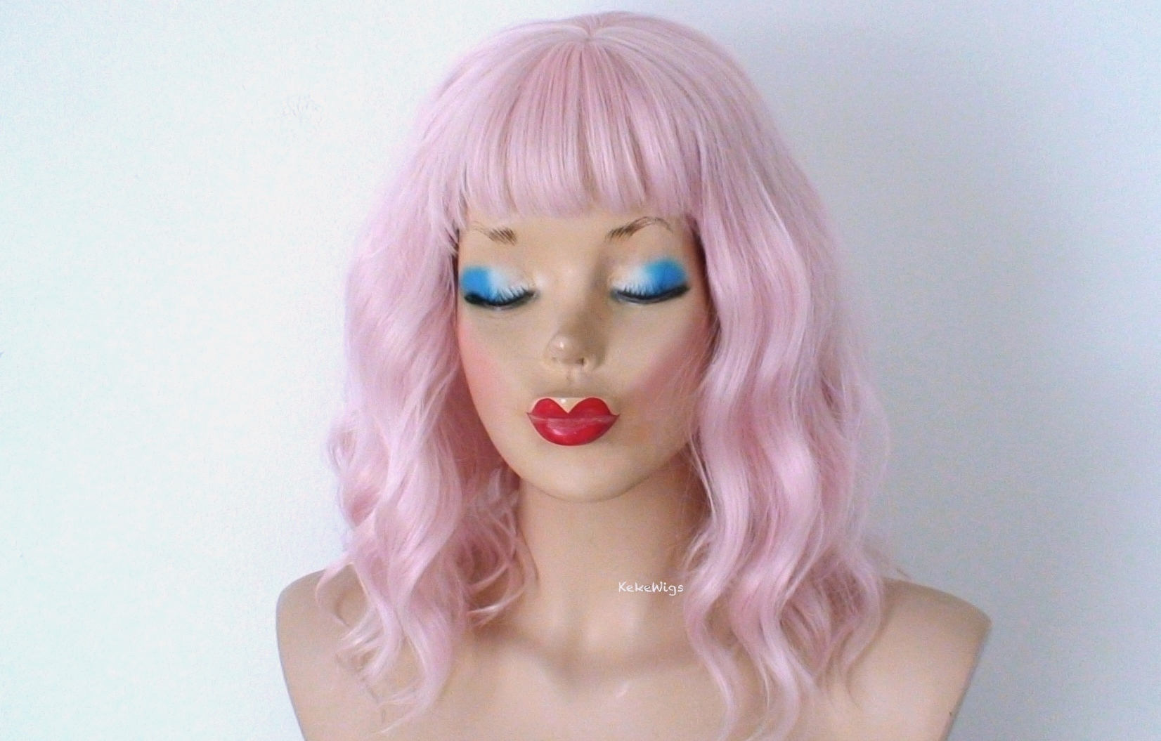 16" Pastel Pink Short Wavy Hair with bangs Wig