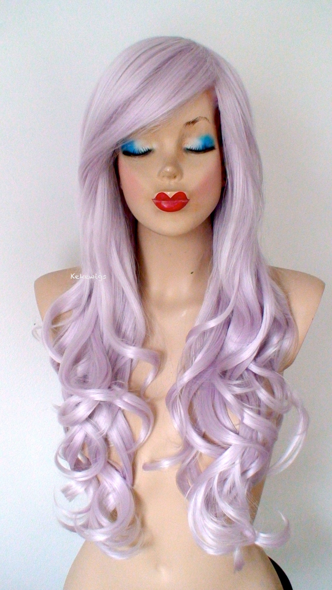 26" Metallic Lavender Long Curly Hair Long Side Bangs Wig