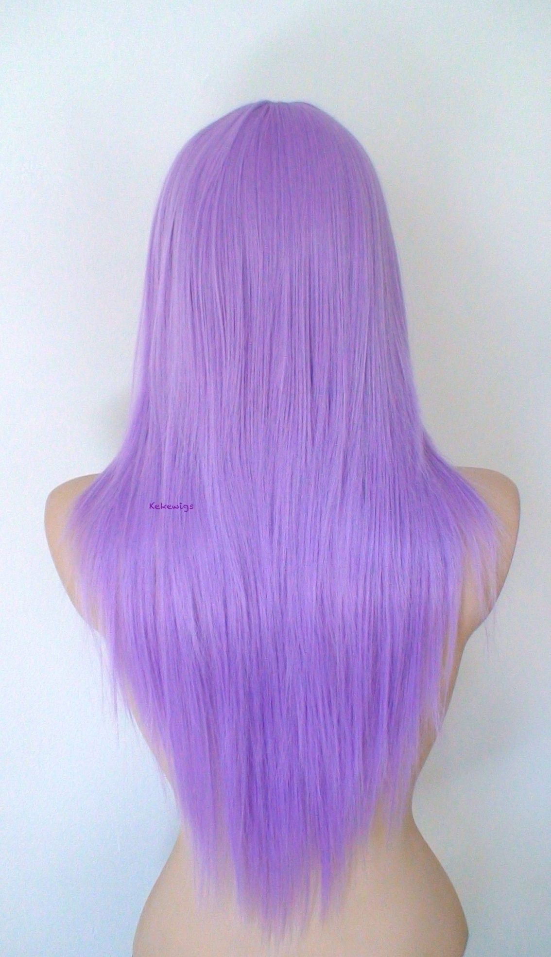 28" Pastel wig. Lavender Long Straight Layered Hair Long Side Bangs Wig