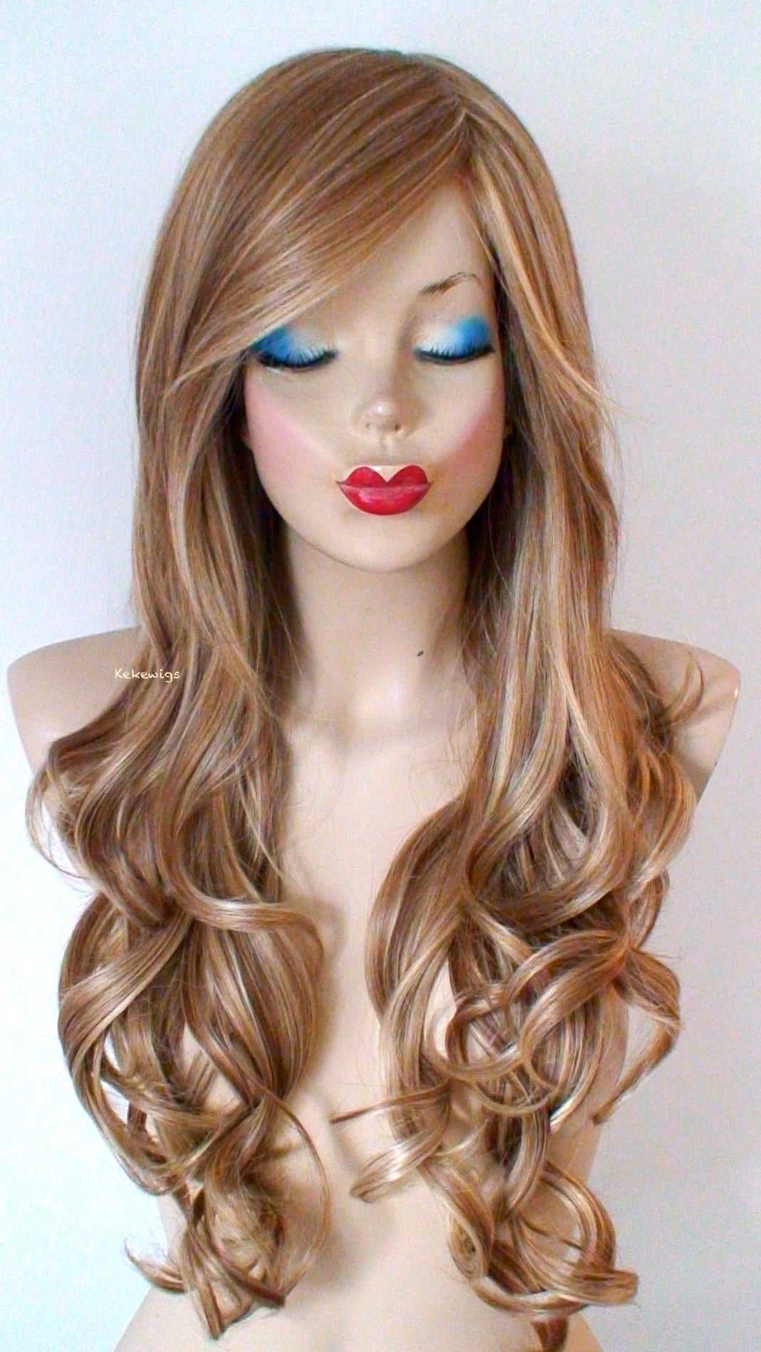 26" Butterscotch Long Curly Hair Long Side Bangs Wig