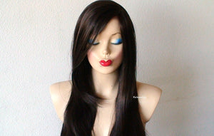 28" Chocolate Brown with Auburn Highlight Long Straight Hair Long Side Bangs Wig.