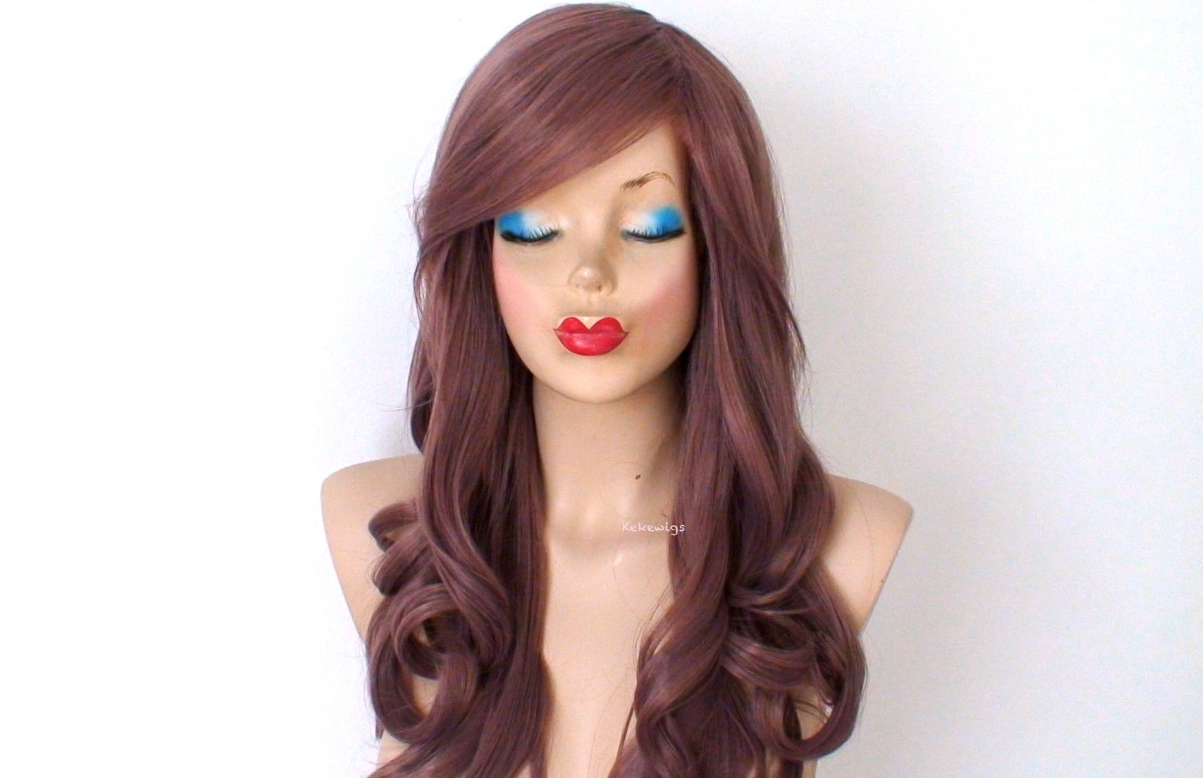 26" Pastel Eggplant Long Curly Hair Long Side Bangs Wig