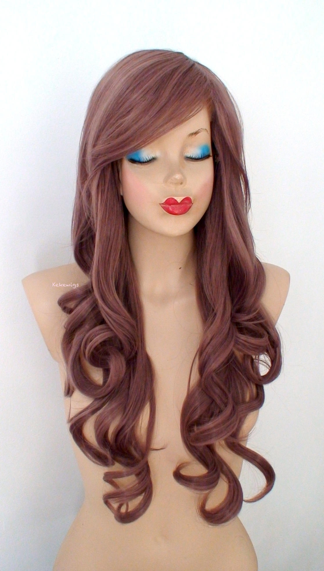 26" Pastel Eggplant Long Curly Hair Long Side Bangs Wig