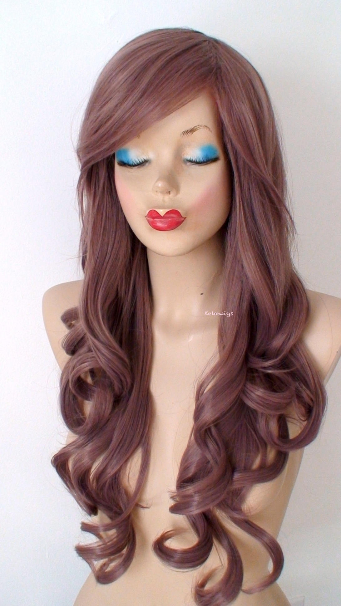 26" Pastel Eggplant Long Curly Hair Long Side Bangs Wig