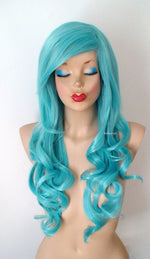 Load image into Gallery viewer, 26&quot; Pastel Teal Blue Long Curly Hair Long Side Bangs Wig
