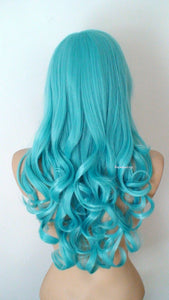 26" Pastel Teal Blue Long Curly Hair Long Side Bangs Wig