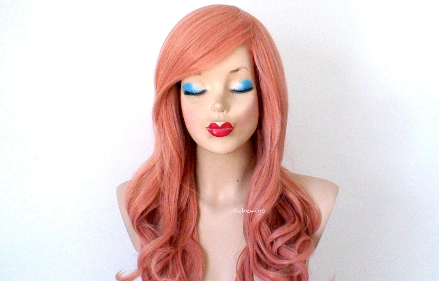 26" Rose Gold Long Curly Hair Long Side Bangs Wig