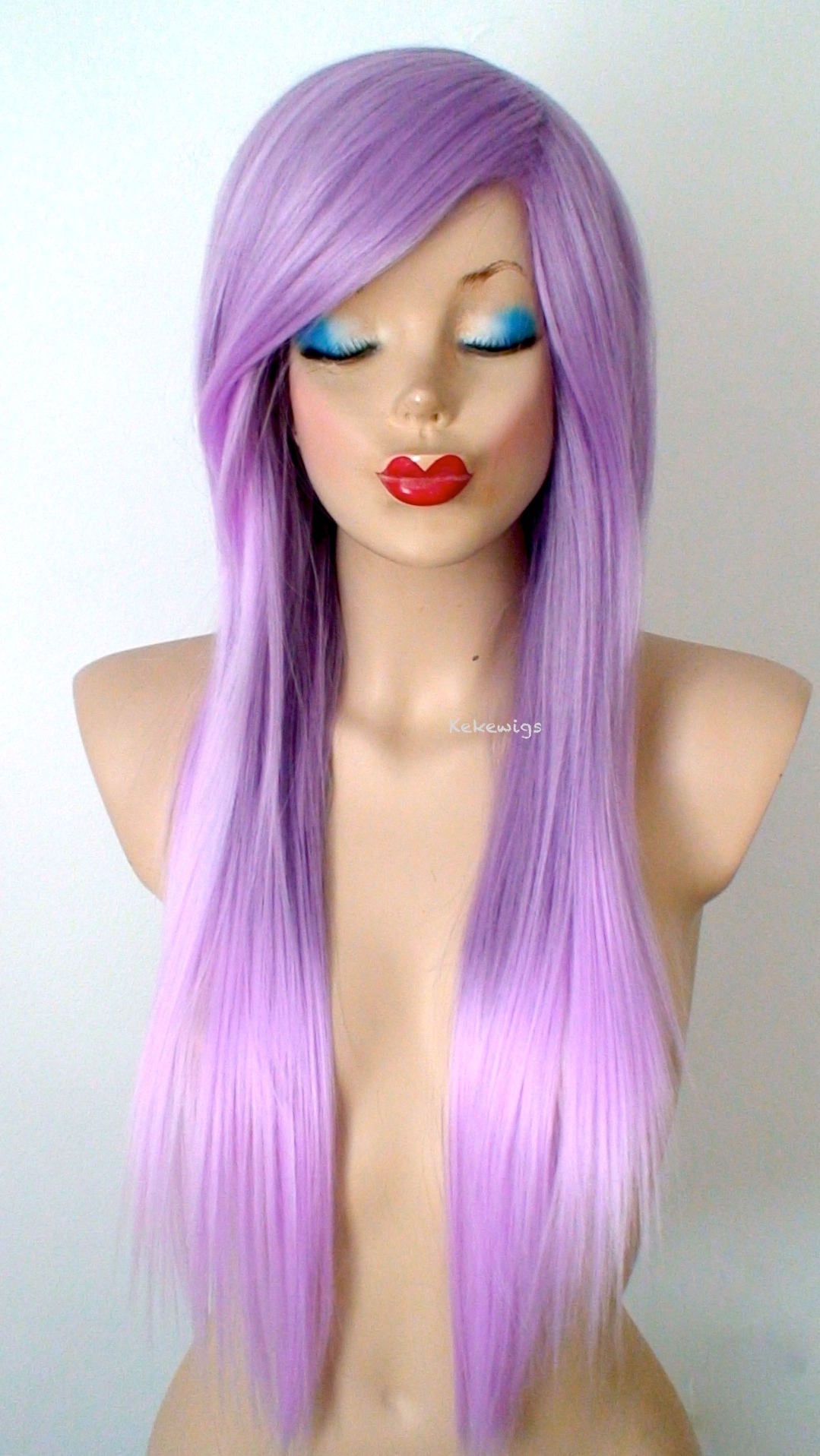 28" Pastel Lavender Ombre Long Straight Layered Hair Long side Bangs Wig