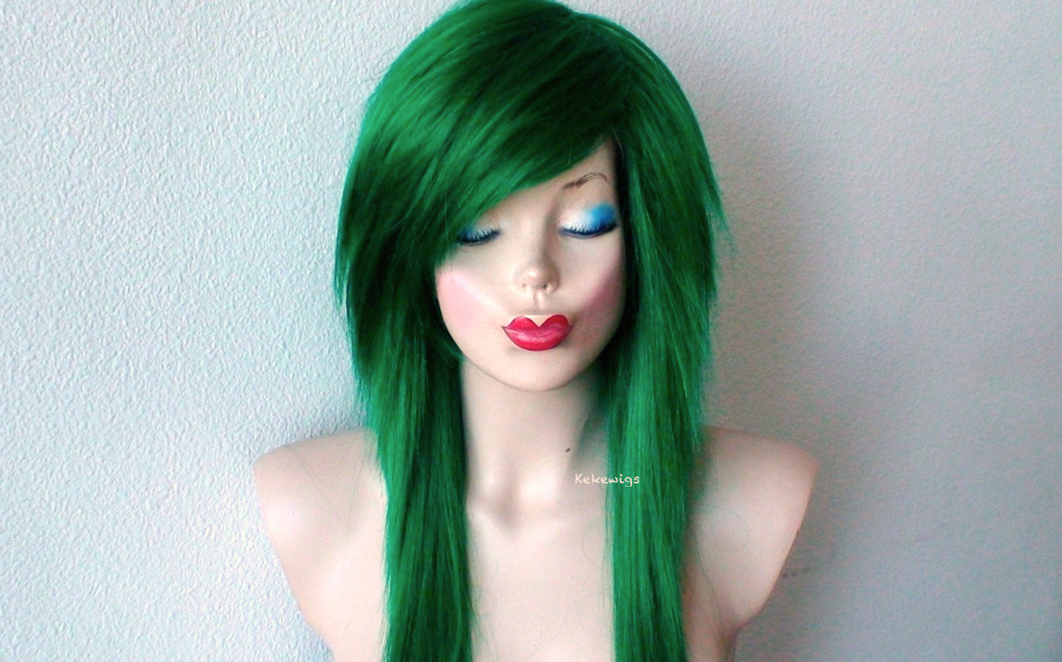 28" Irish Green Long Straight Layered Hair with Side Bangs Wig. Scene wig. Emo wig.