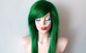 28" Irish Green Long Straight Layered Hair with Side Bangs Wig. Scene wig. Emo wig.