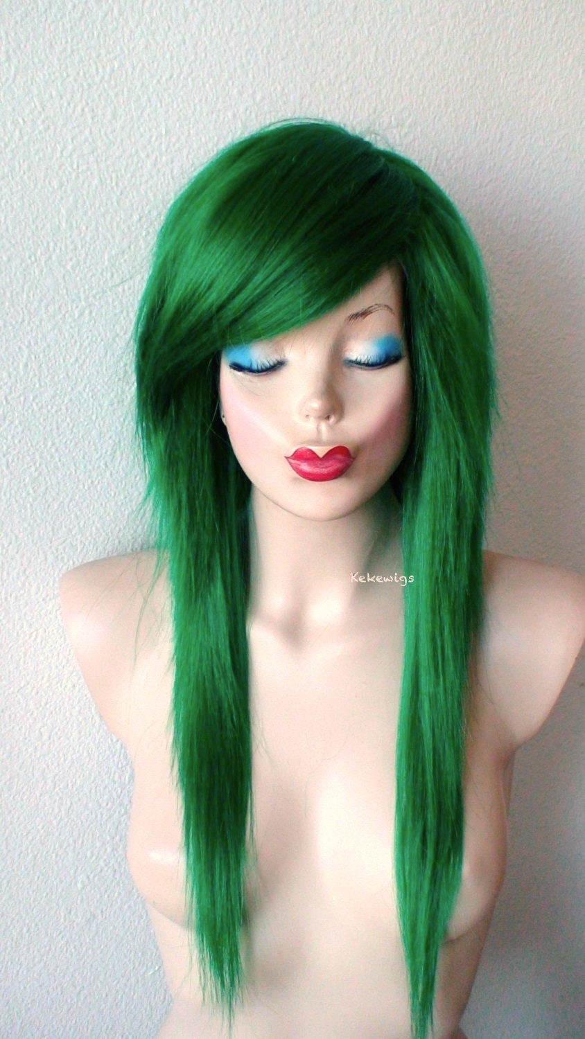 28" Irish Green Long Straight Layered Hair with Side Bangs Wig. Scene wig. Emo wig.