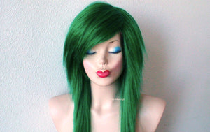 28" Irish Green Long Straight Layered Hair with Side Bangs Wig. Scene wig. Emo wig.