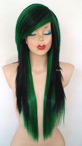 28" Black Green Straigh Layered Hair Long Side Bangs Wig. Emo Wig. Scene Wig.
