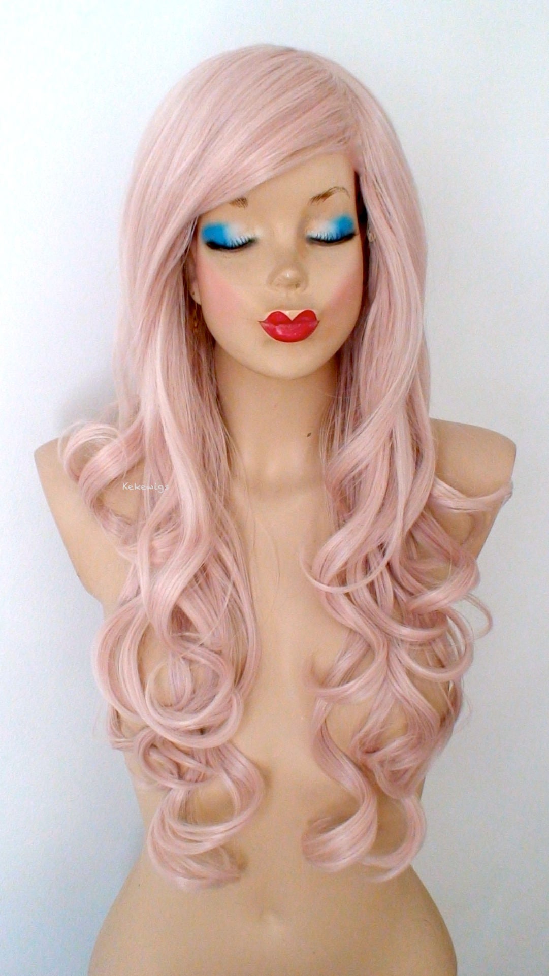 26" Antique Pink Long Curly Hair Side Bangs Wig