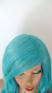 26" Pastel Teal Blue Long Curly Hair Long Side Bangs Wig