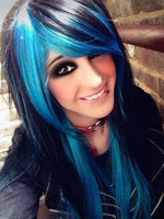 Load image into Gallery viewer, 28&quot; Black Turquoise Ombre Long Straight Hair Long Side Bangs Wig. Emo Wig. Scene Wig.
