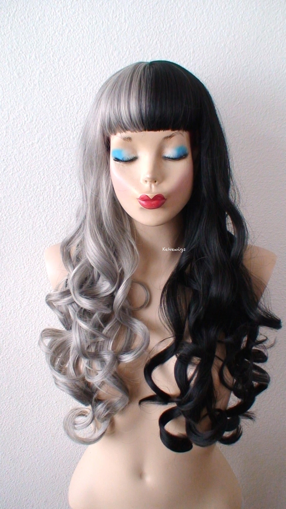 28" Gray Black Side by Side Long Curly Hair with Bangs Wig