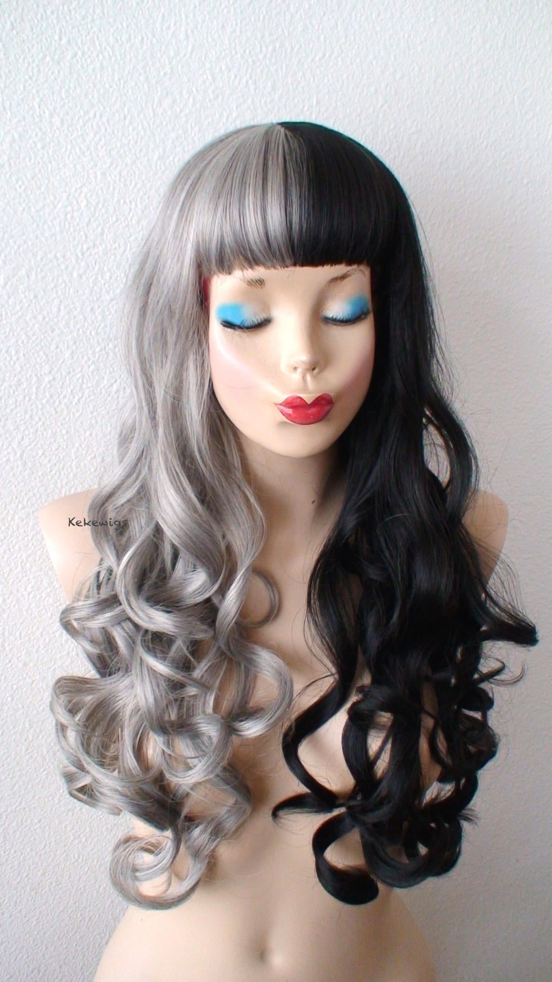 28" Gray Black Side by Side Long Curly Hair with Bangs Wig