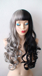 Load image into Gallery viewer, 28&quot; Gray Black Side by Side Long Curly Hair with Bangs Wig
