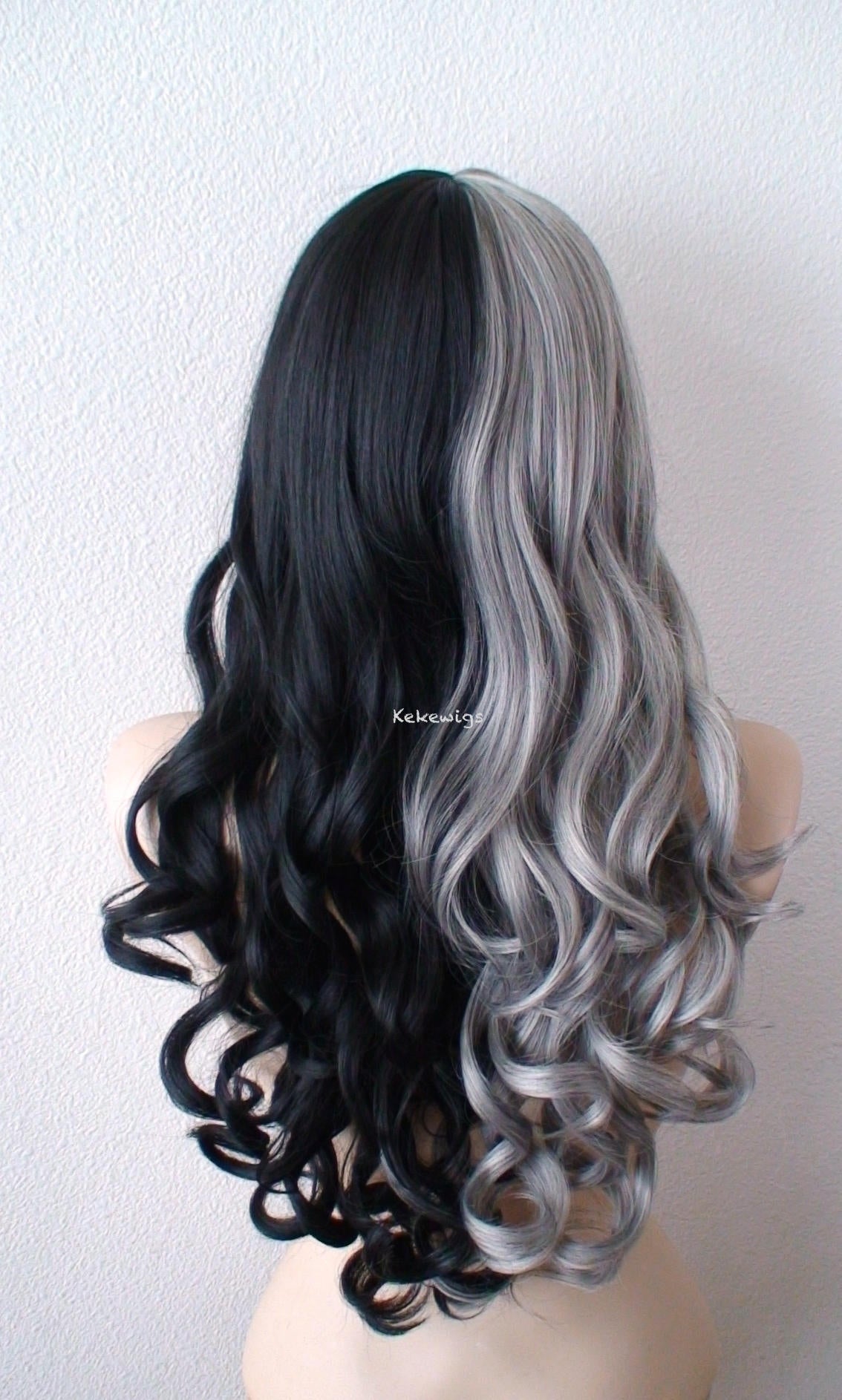 28" Gray Black Side by Side Long Curly Hair with Bangs Wig