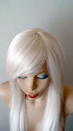 Load image into Gallery viewer, 28&quot; White Blonde Long Straight Layered Hair Long Side Bangs Wig. Scene girl wig. Emo wig.
