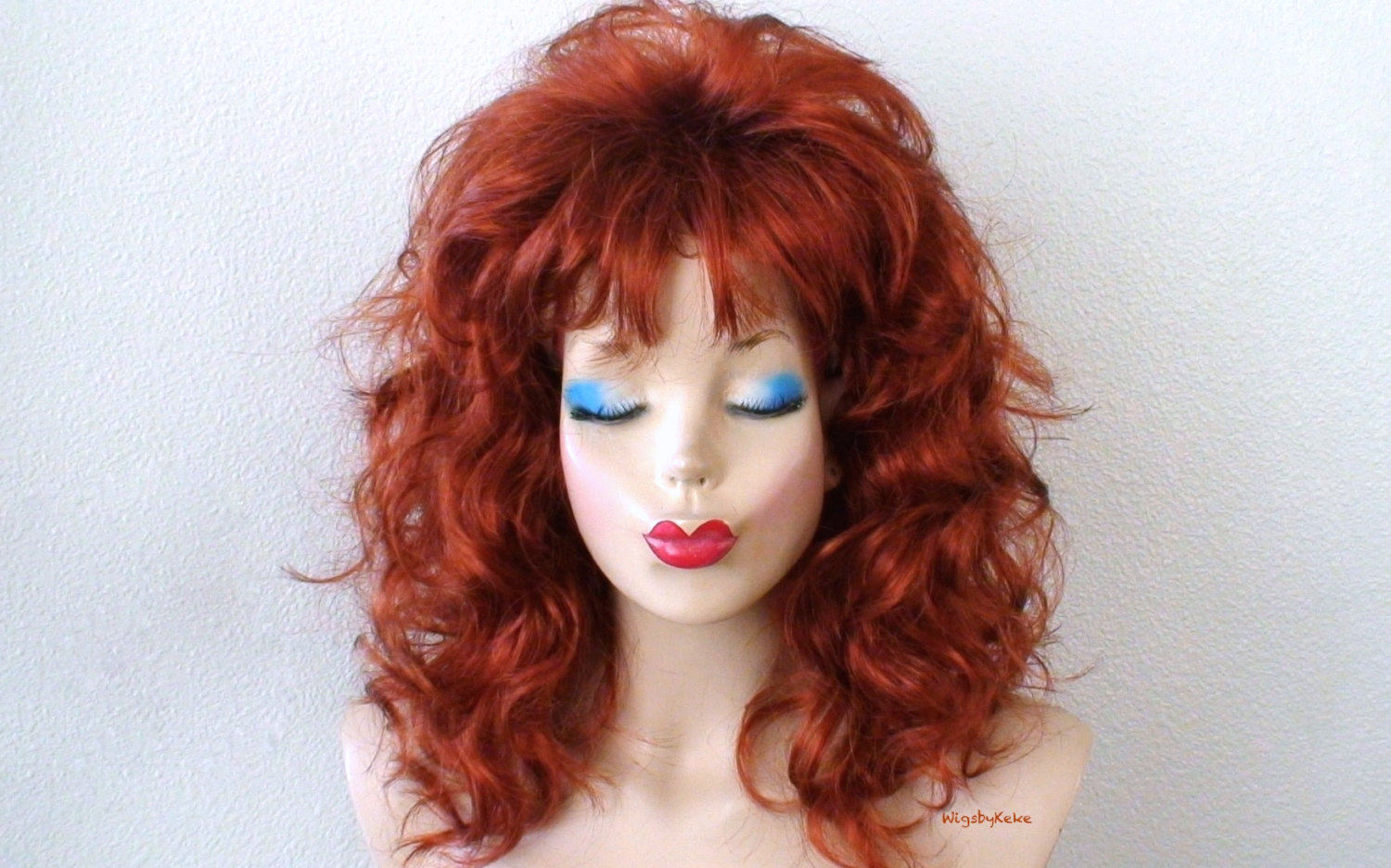 20" Auburn Red Curly Hair with Bangs Wig. Custom Wig. Cosplay Wig.