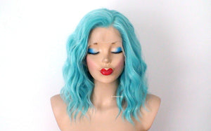 16" Lace Front Lace Part Pastel Turquoise Short Wavy Hairstyle Wig