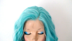 16" Lace Front Lace Part Pastel Turquoise Short Wavy Hairstyle Wig