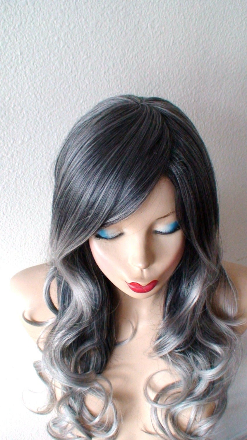 26" Lace Front Gray Ombre Long Curly Hair Long Side Bangs Wig