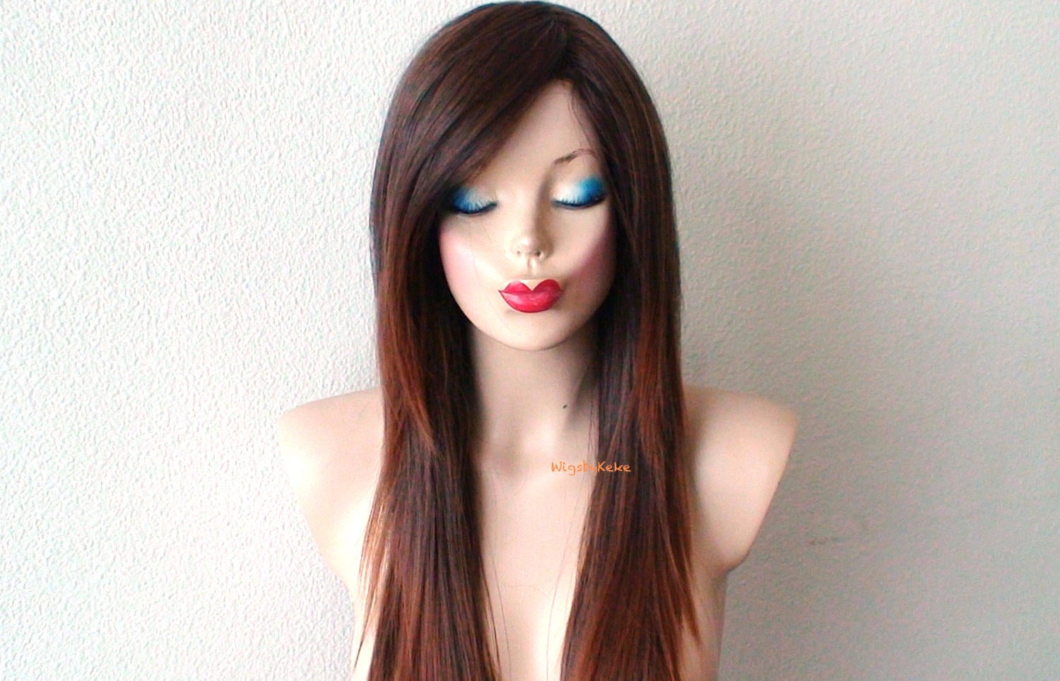 28" Brown Auburn Ombre Long Straight Layered Hair Long Side Bang Wig