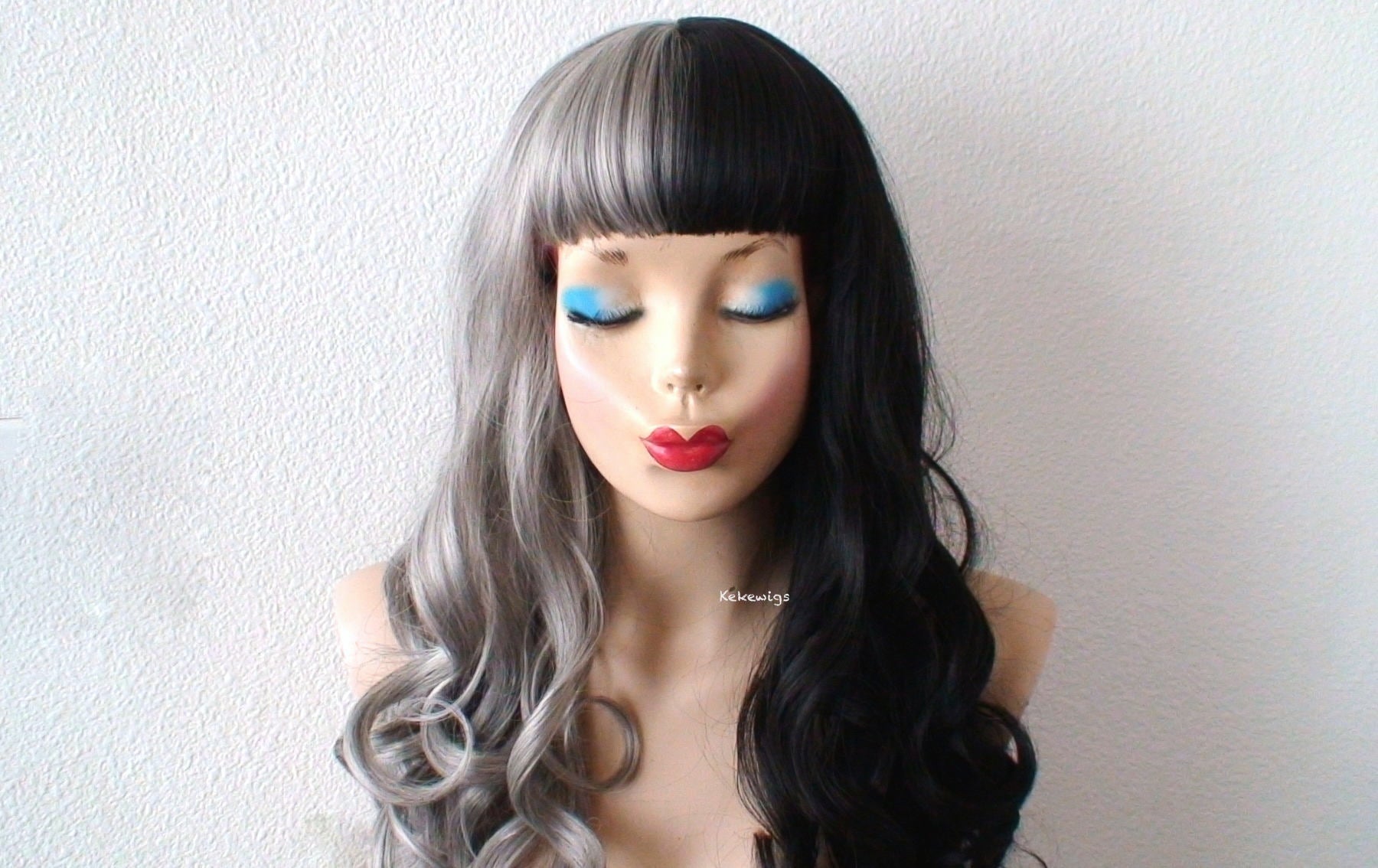 28" Gray Black Side by Side Long Curly Hair with Bangs Wig