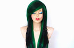 Load image into Gallery viewer, 28&quot; Black Green Straigh Layered Hair Long Side Bangs Wig. Emo Wig. Scene Wig.
