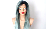 Load image into Gallery viewer, 28&quot; Lace front Pastel Mint Gray Ombre Long Straight Hair Wig
