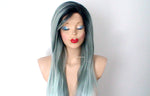 Load image into Gallery viewer, 28&quot; Lace front Pastel Mint Gray Ombre Long Straight Hair Wig
