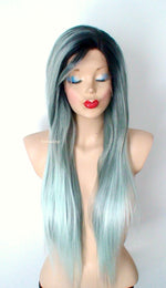 Load image into Gallery viewer, 28&quot; Lace front Pastel Mint Gray Ombre Long Straight Hair Wig
