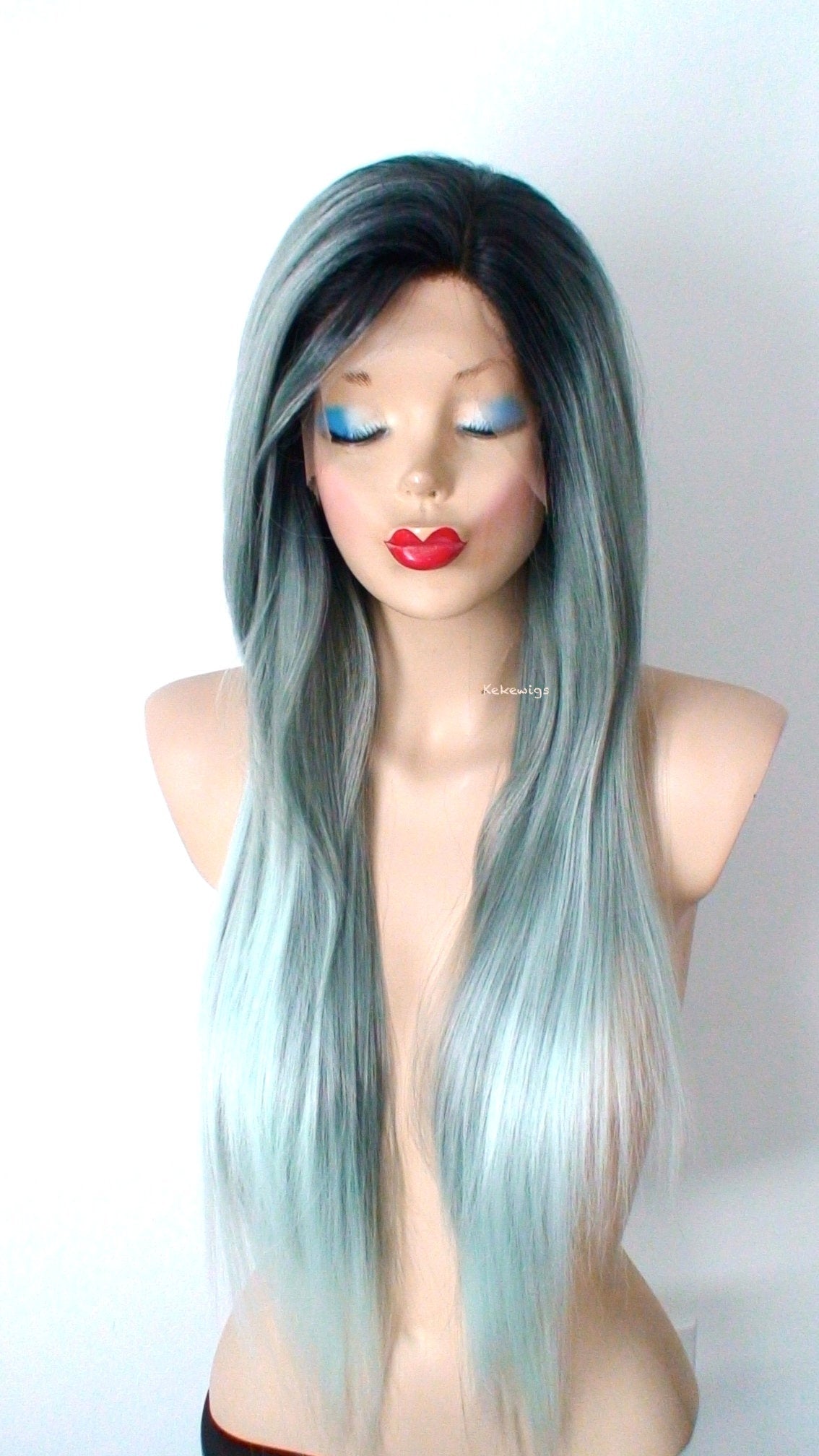 28" Lace front Pastel Mint Gray Ombre Long Straight Hair Wig