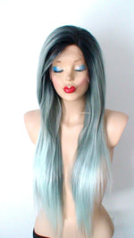 Load image into Gallery viewer, 28&quot; Lace front Pastel Mint Gray Ombre Long Straight Hair Wig
