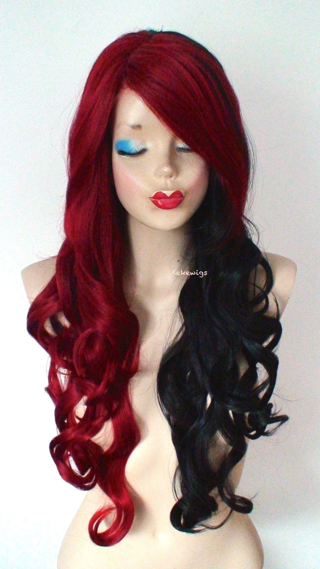 28" Red Black Side by Side Long Curly Hair Long Side Bangs Wig