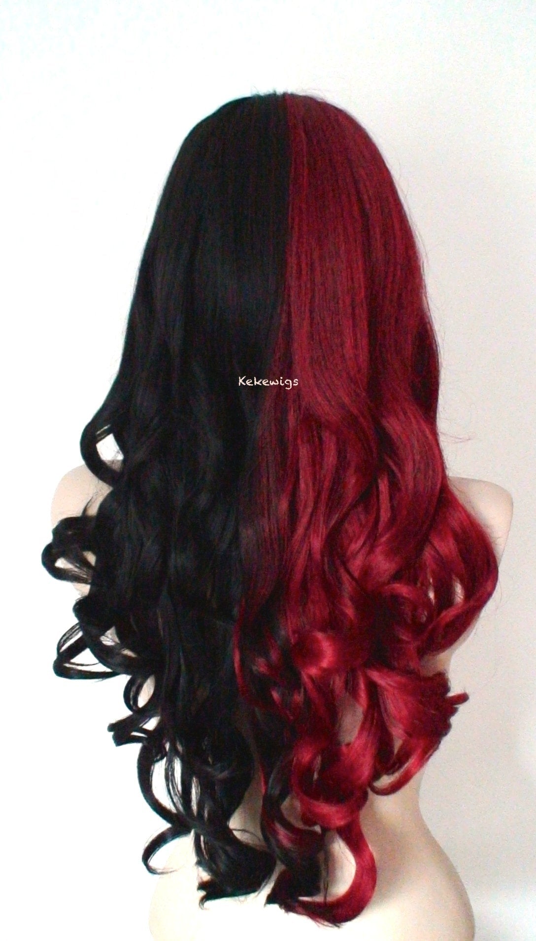 28" Red Black Side by Side Long Curly Hair Long Side Bangs Wig