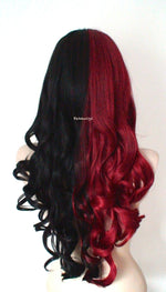 Load image into Gallery viewer, 28&quot; Red Black Side by Side Long Curly Hair Long Side Bangs Wig
