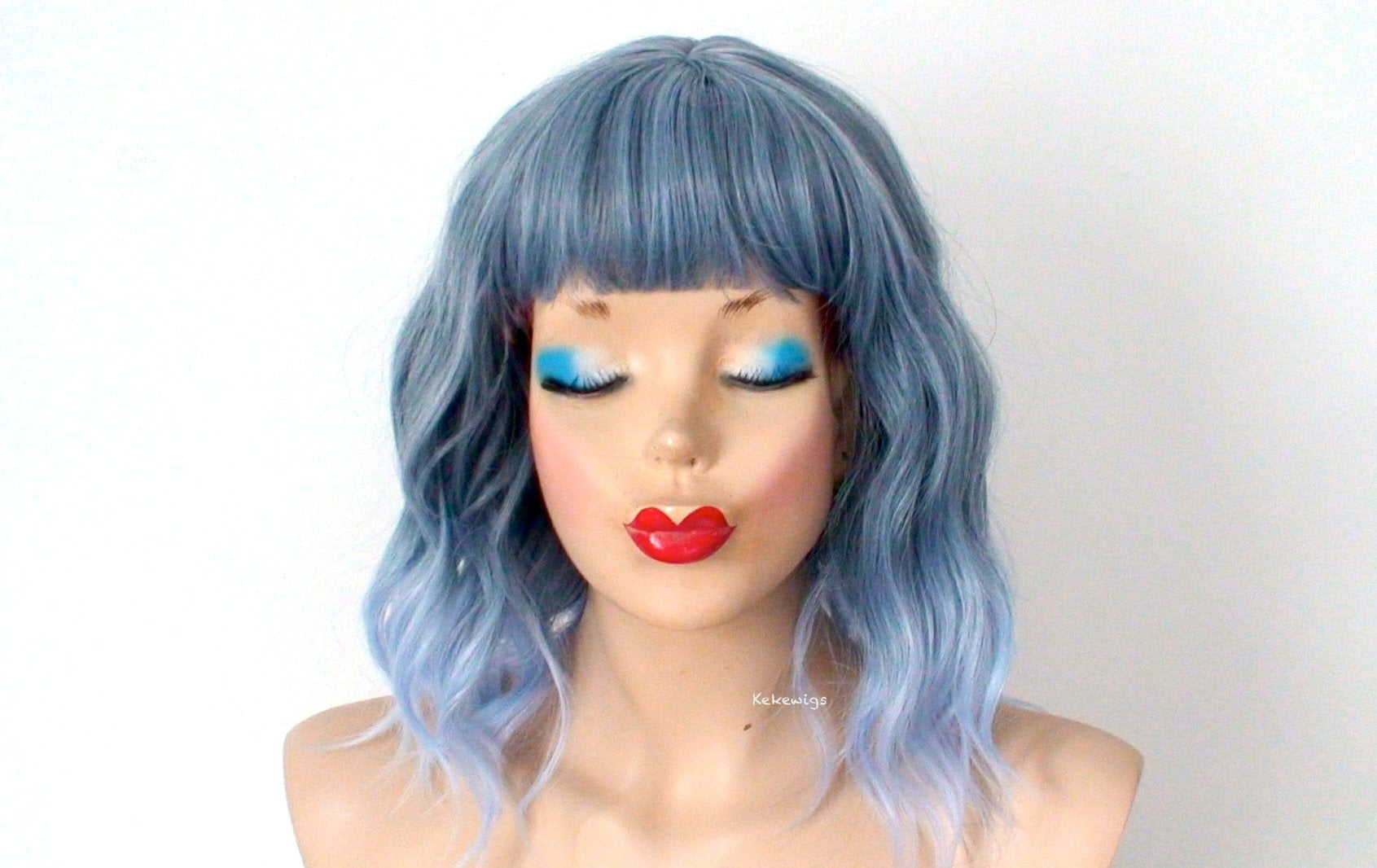 16" Pastel Blue Ombre Short Wavy Hair with Bangs Wig