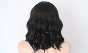 16' Black Short Wavy Hair with Bangs wig.