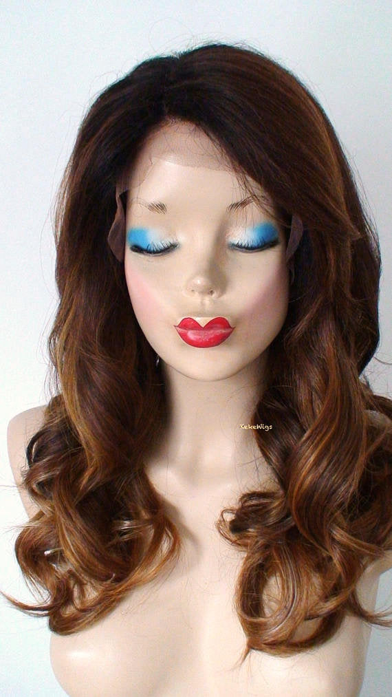 20" Lace front - Lace Part Brown Auburn Blonde Ombre Curly Hair Side Bangs Wig