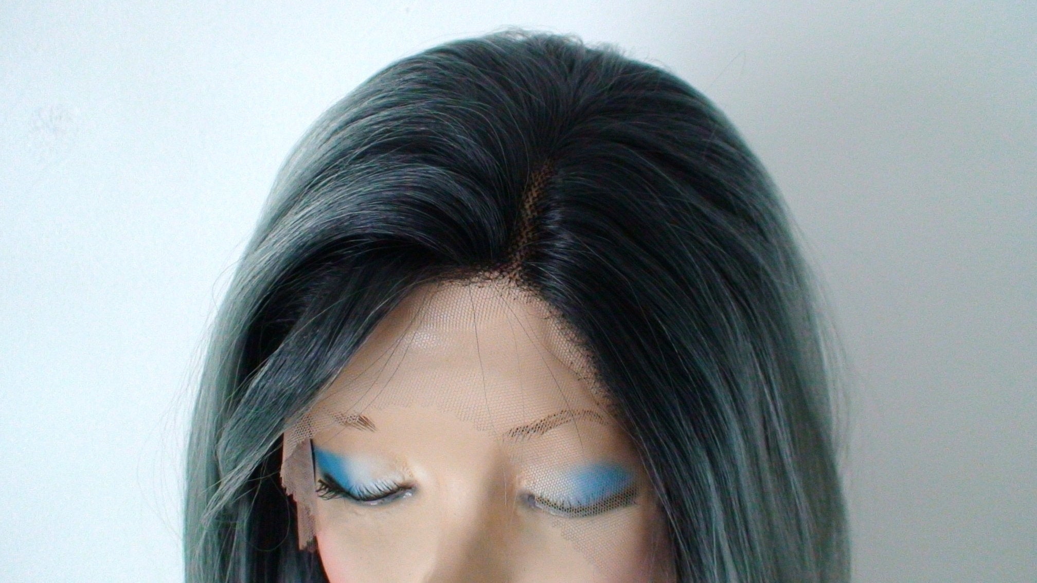 28" Lace front Pastel Mint Gray Ombre Long Straight Hair Wig