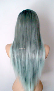 28" Lace front Pastel Mint Gray Ombre Long Straight Hair Wig