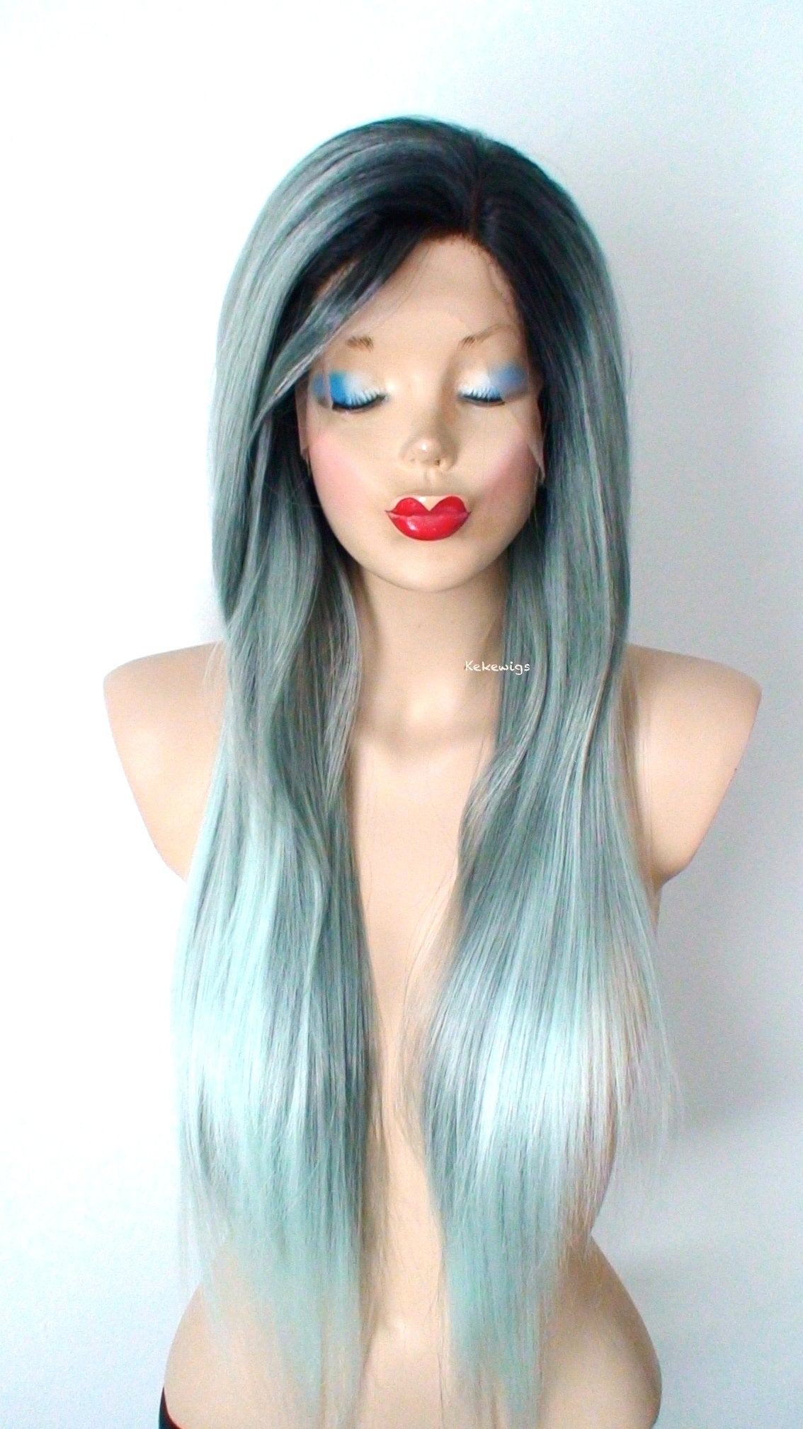 28" Lace front Pastel Mint Gray Ombre Long Straight Hair Wig